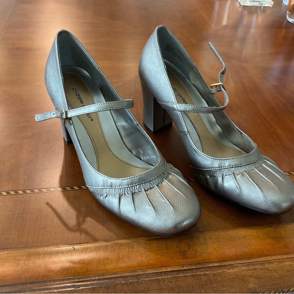 Andrew Geller Metallic Silver Mary Jane Block Heels